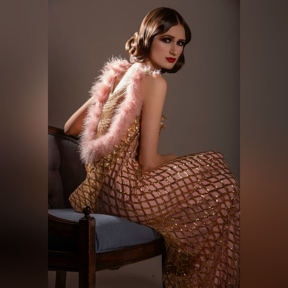 "LADY HELENA" Gold Sequin Diamond Pattern Tulle Lace Gatsby Wedding Gown